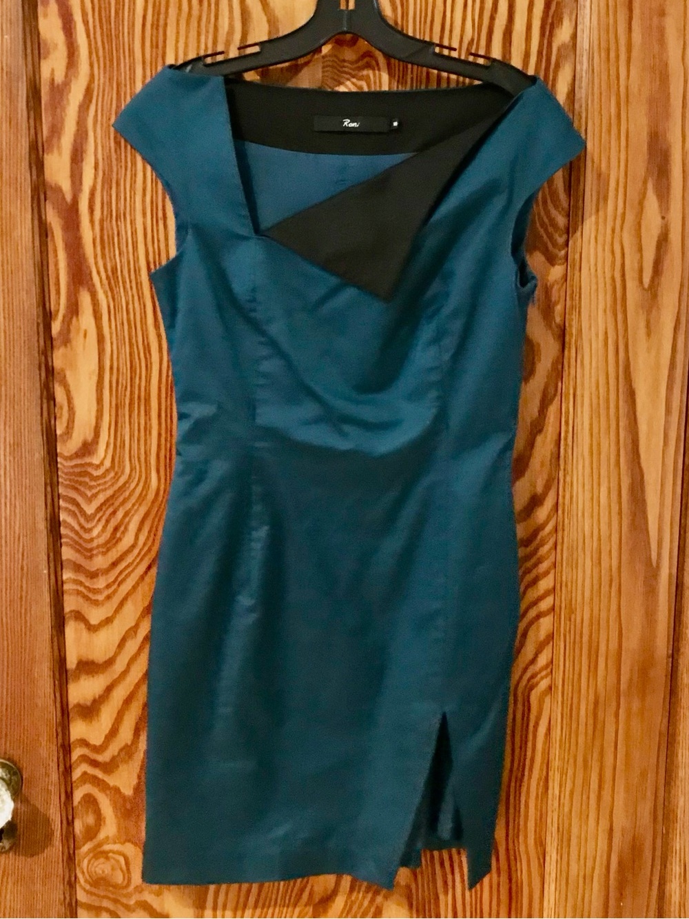Deep Teal Sheath Dress Asymmetrical Black Neckline - Roni NYC - Size S